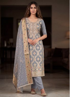 Beads Work Cotton Silk Straight Suit in Grey for Ceremonial