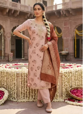 Beads Work Cotton Silk Straight Suit in Salmon for Women