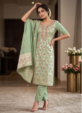 Beads Work Cotton Silk Straight Suit in Sea Green for Women