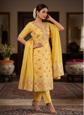 Beads Work Cotton Silk Straight Suit in Yellow for Women