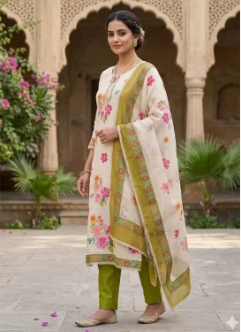 Beads Work Cotton Straight Suit in Beige and Olive for Ceremonial