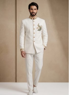 Beads Work Fancy Fabric Jodhpuri Suit in Off White for Festival