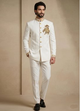 Beads Work Fancy Fabric Jodhpuri Suit in Off White for Men