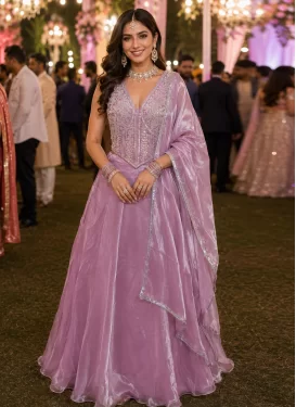 Beads Work Fendi Silk Readymade Lehenga Choli in Mauve for Festival