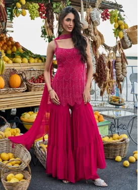 Beads Work Georgette Sharara Suit in Rose Pink for Party