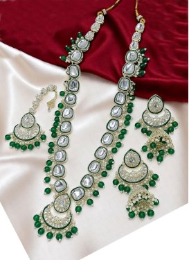 Beads Work Green and White Gold Rodium Polish Necklace Set