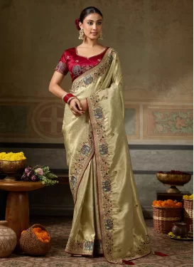 Beads Work Jacquard Silk Trendy Saree in Cream for Women