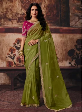 Beads Work Organza Traditional Saree in Olive for Women