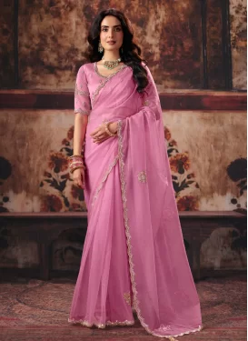 Beads Work Organza Trendy Saree in Pink for Festival