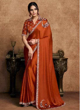 Beads Work Satin Silk Classic Saree in Orange for Party