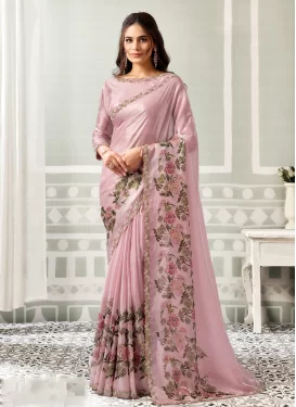 Beads Work Satin Silk Trendy Saree in Mauve for Women
