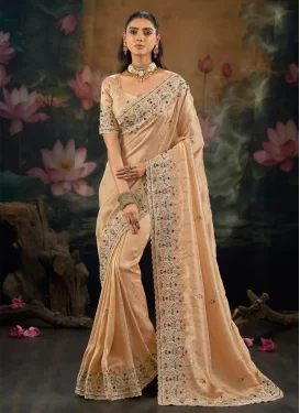 Beads Work Silk Trendy Saree in Beige for Bridal