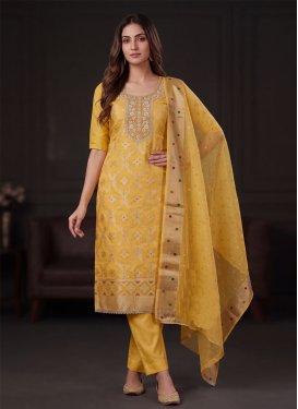 Beads Work Straight Suit For Festival in Mustard