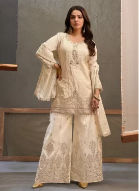 Beads Work Viscose Palazzo Suit in Off White for Festival