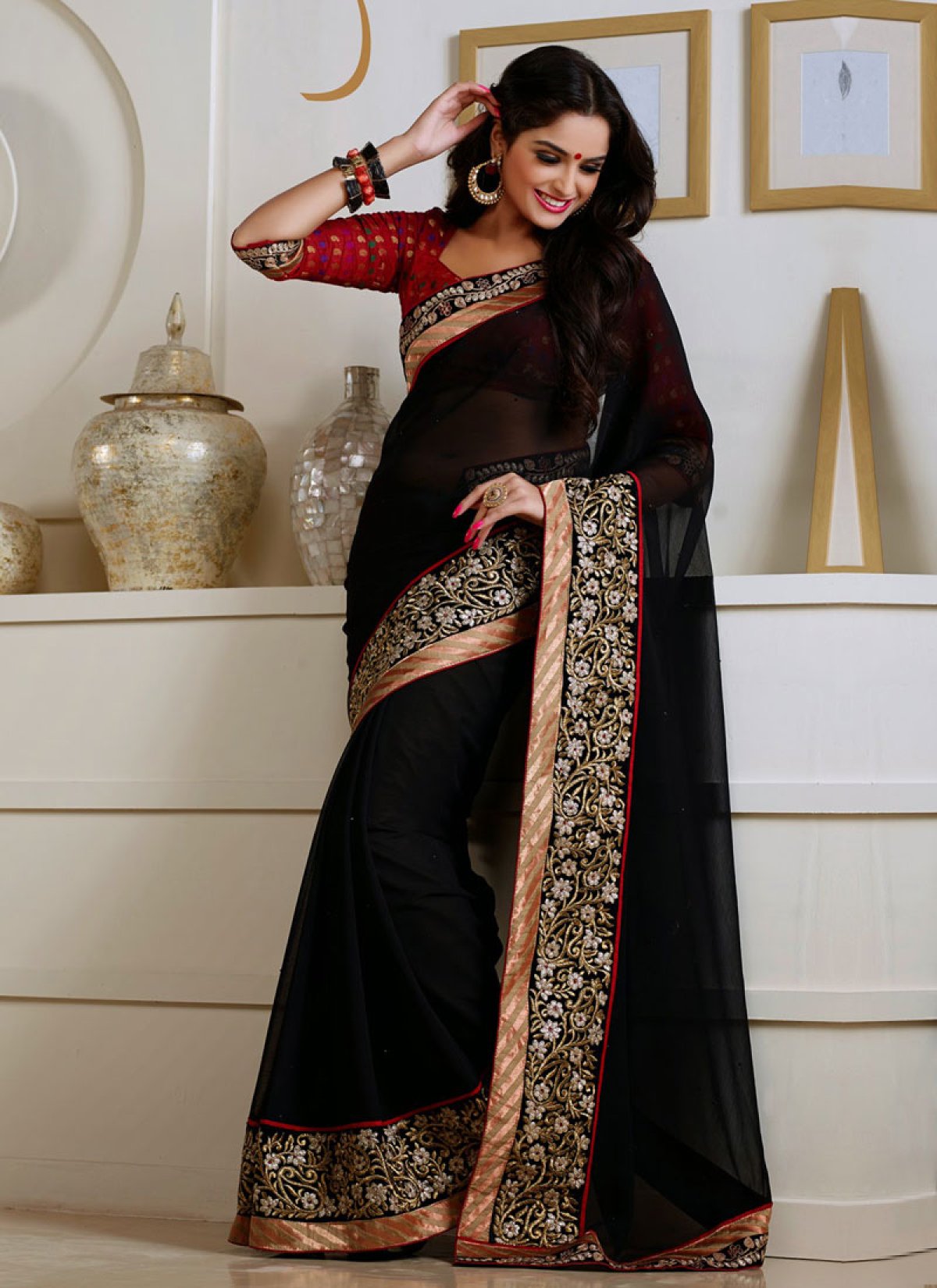 Beauteous Black Color Chiffon And Georgette Party Wear Saree