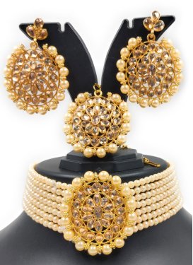 Beautiful Alloy Gold Rodium Polish Beads Work Cream and Gold Necklace Set