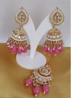 Beautiful Alloy Gold Rodium Polish Hot Pink and White Beads Work Earrings Set