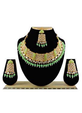 Beautiful Beads Work Mint Green and White Gold Rodium Polish Necklace Set