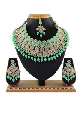 Beautiful Beads Work Sea Green and White Alloy Necklace Set