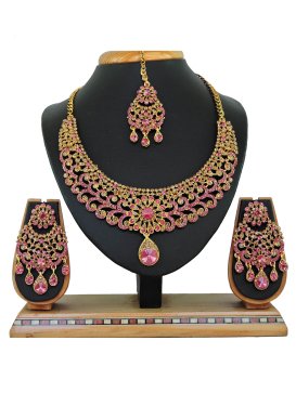 Beautiful Gold and Hot Pink Stone Work Necklace Set