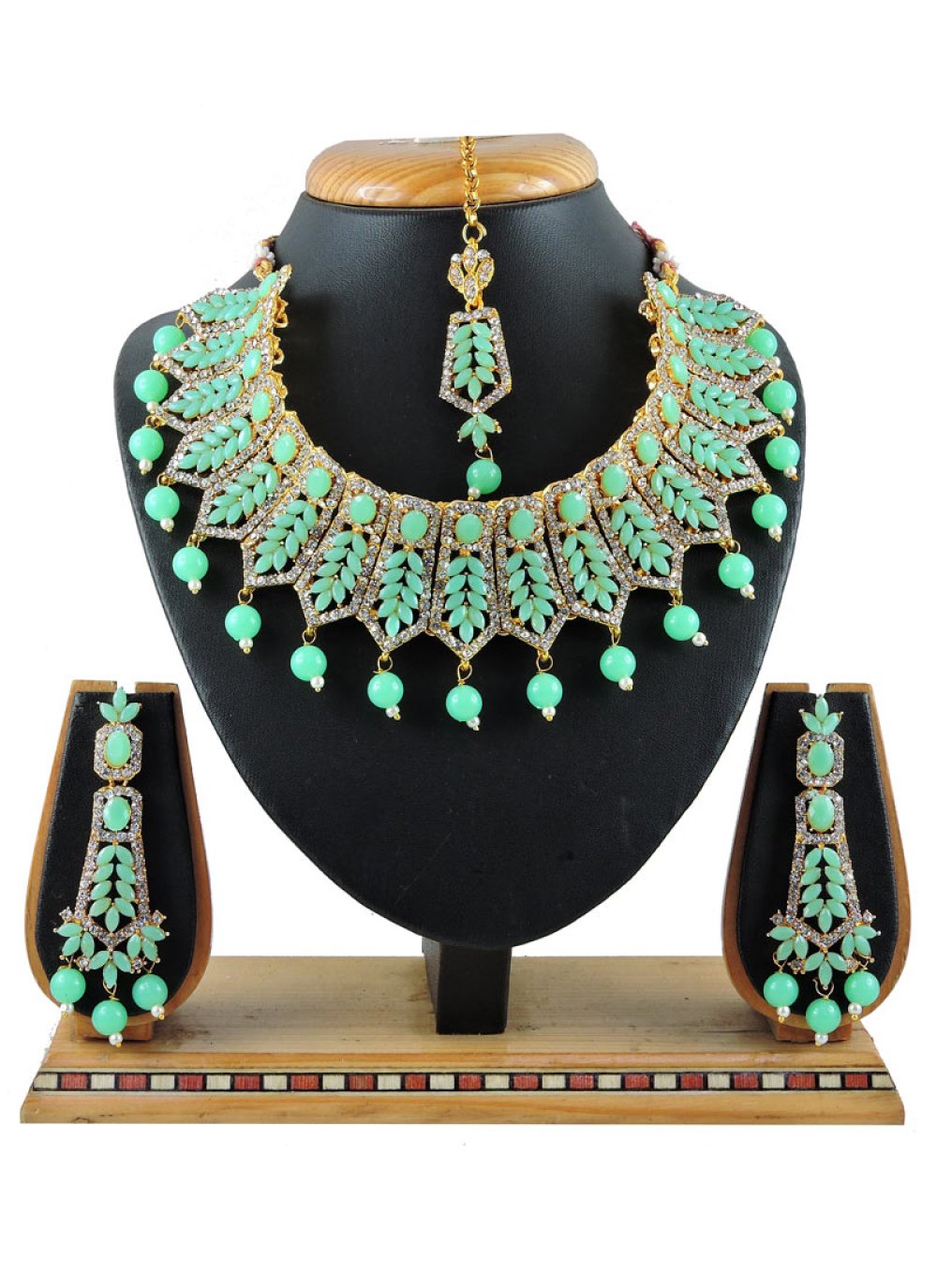 Beautiful Gold and Mint Green Beads Work Necklace Set
