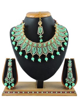 Beautiful Gold and Mint Green Beads Work Necklace Set