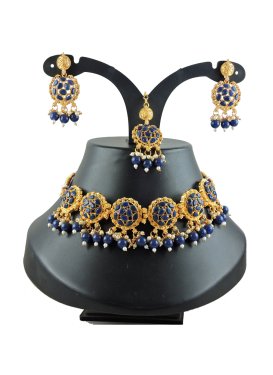 Beautiful Gold Rodium Polish Gold and Navy Blue Beads Work Necklace Set