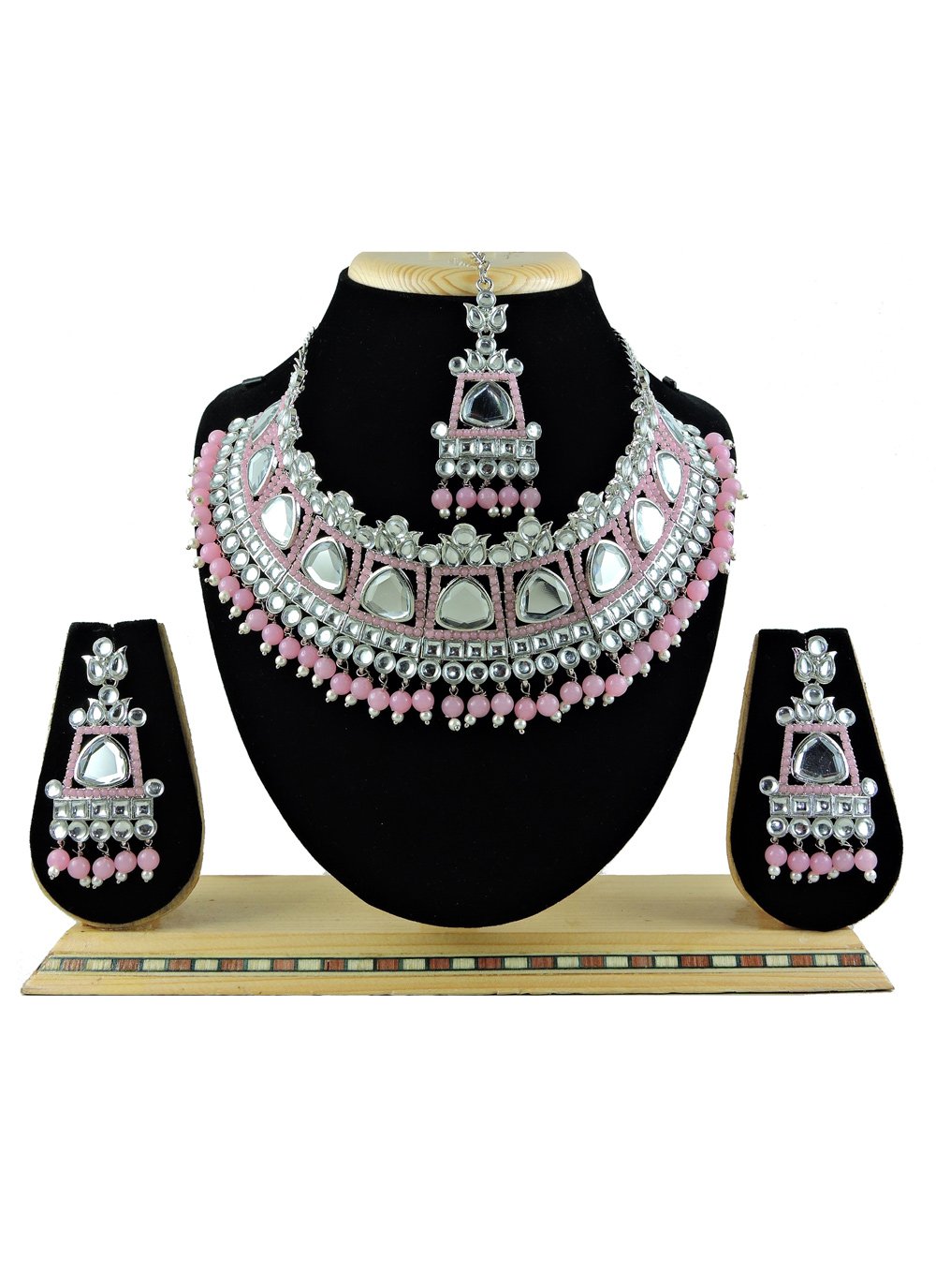 Beautiful Gold Rodium Polish Pink and White Beads Work Necklace Set