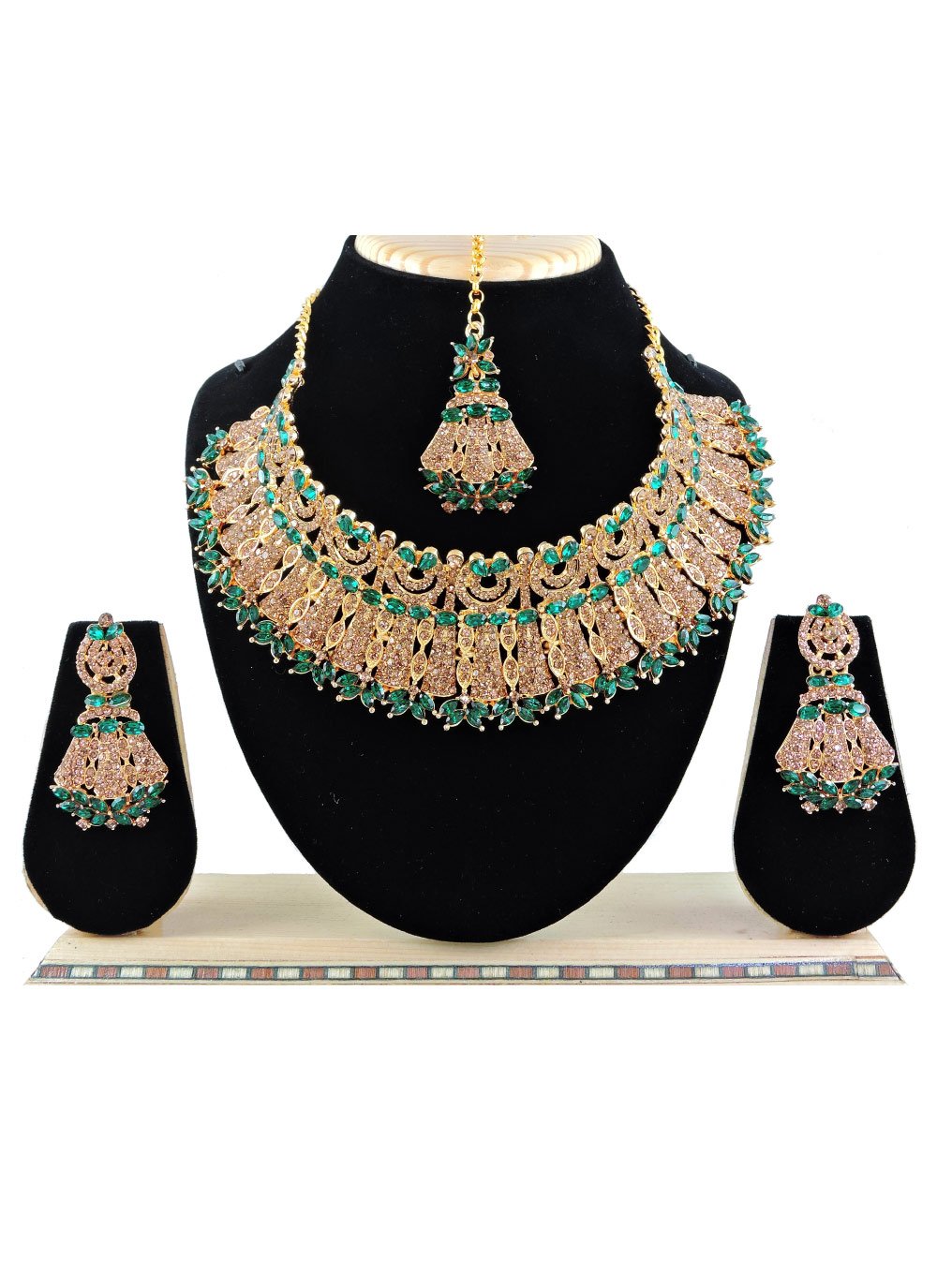 Beautiful Gold Rodium Polish Stone Work Alloy Gold and Teal Necklace Set For Ceremonial