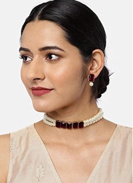 Beautiful Maroon and White Alloy Necklace Set For Ceremonial