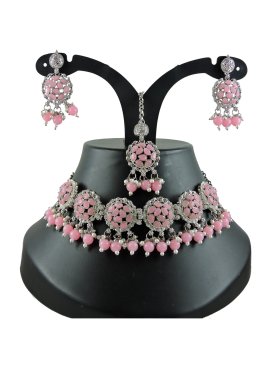 Beautiful Pink and White Silver Rodium Polish Beads Work Necklace Set