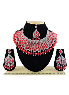 Beautiful Red and Silver Color Beads Work Necklace Set For Festival