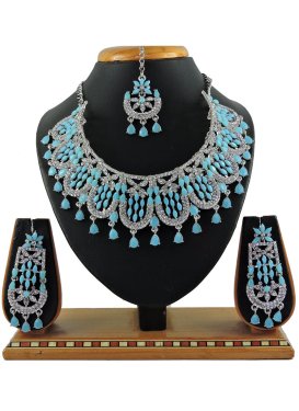 Beautiful Silver Rodium Polish Light Blue and White Necklace Set For Party