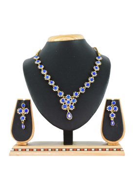 Beautiful Stone Work Blue and White Gold Rodium Polish Necklace Set