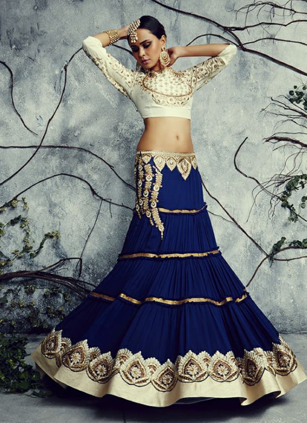 Odette Women Navy Blue Designer Sequence Semi Stitched Lehenga With Un