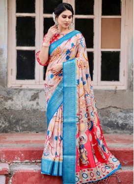 Beige and Blue Designer Traditional Saree For Ceremonial