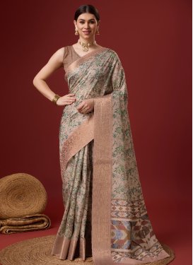 Beige and Brown Print Work Trendy Classic Saree