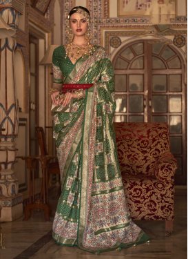 Beige and Green Bandhej Print Work Silk Traditional Designer Saree