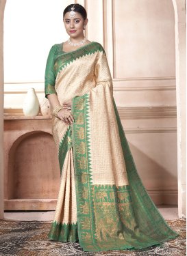 Beige and Green Designer Contemporary Style Saree