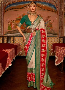 Beige and Green Patola Silk Traditional Saree