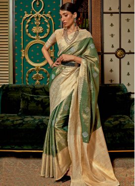 Beige and Green Traditional Saree For Festival