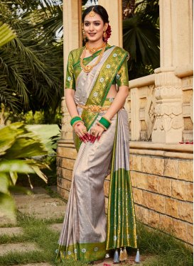 Beige and Green Woven Work Traditional Designer Saree