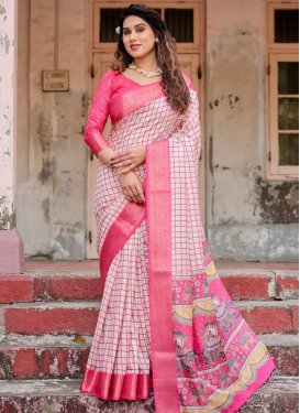 Beige and Hot Pink Silk Blend Designer Contemporary Saree