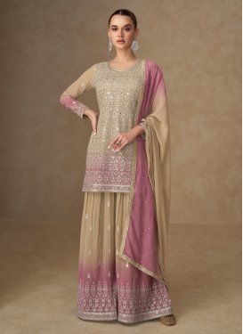 Beige and Mauve Pink Georgette Embroidered Work Palazzo Suit for Women