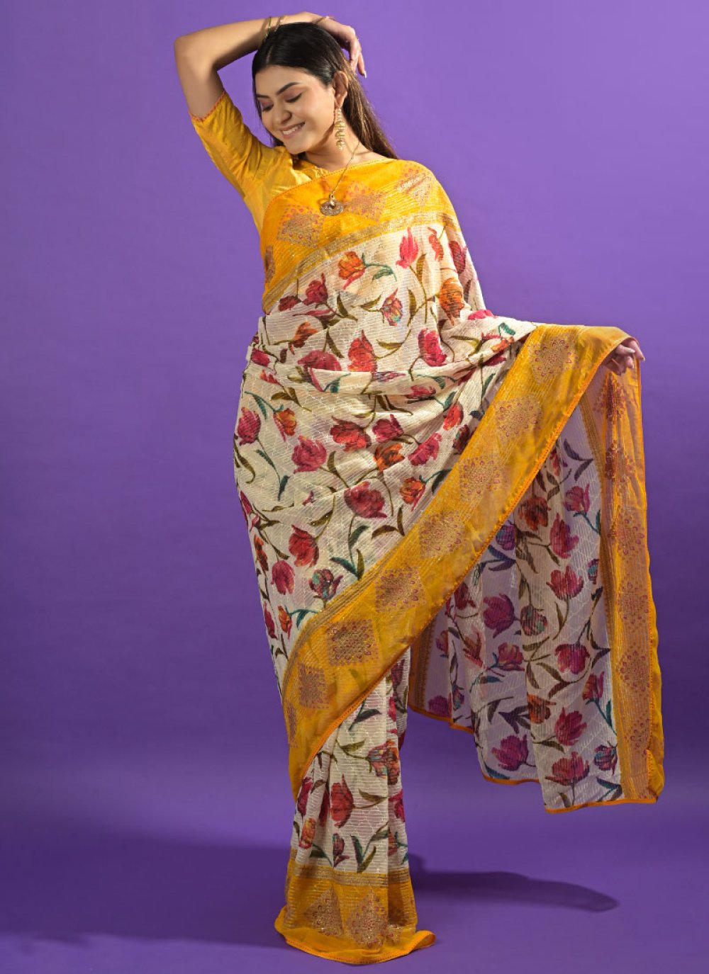 Beige and Mustard Trendy Designer Saree For Ceremonial