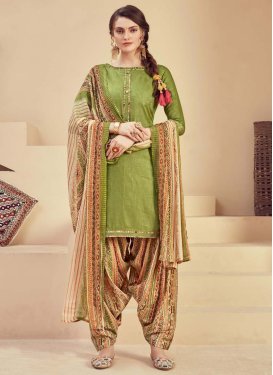 Beige and Olive Cotton Trendy Semi Patiala Suit