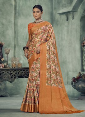 Beige and Orange Silk Blend Traditional Designer Saree
