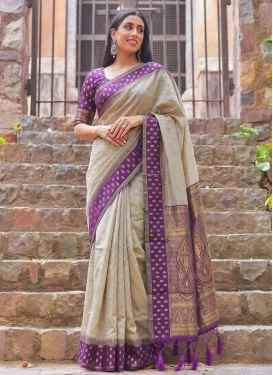 Beige and Purple Cotton Silk Trendy Saree with Woven Work for Casual