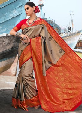 Beige and Red  Designer Contemporary Style Saree