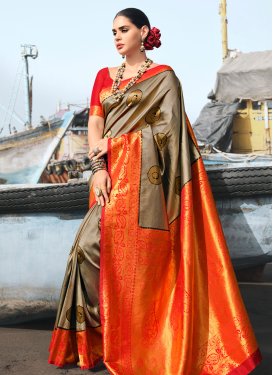 Beige and Red Designer Contemporary Style Saree